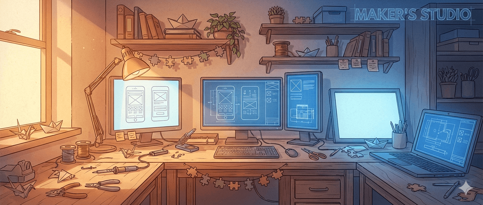 Maker's studio desk with monitors, origami, and creative tools